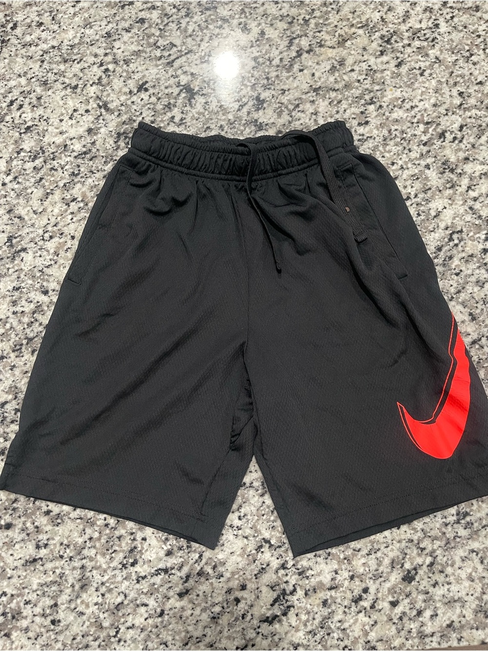 Nike Big Kid Black Athletic Shorts with Red Swoosh Accent Size Large